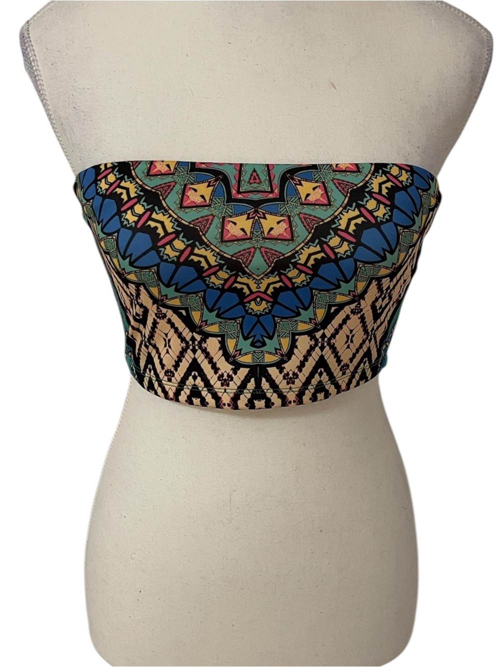 stradivarius Turquoise Print Small Strapless Crop Top